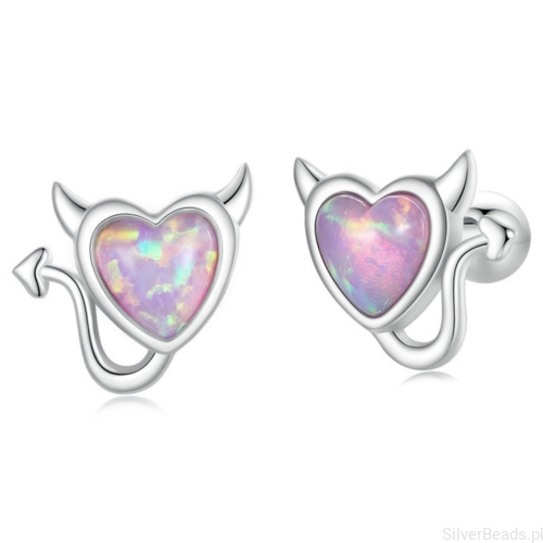 Srebrne kolczyki serca z rogami z opalizujących kryształów sztyfty zakręcane srebro 925