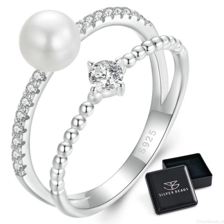 Eleganckie prezentowe pudełeczko gratis. Pierścionki moissanit   z Moissanitem 0,1 ct i perłą seashell