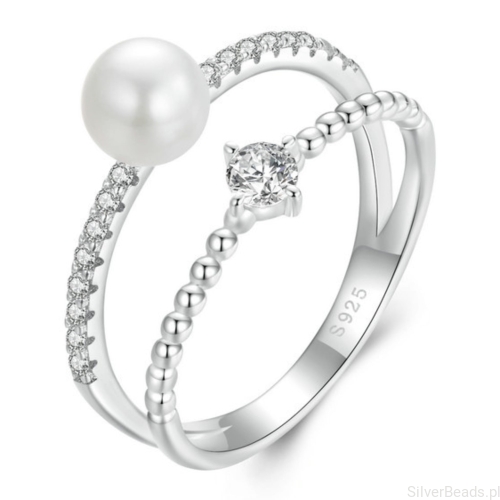 Srebrny pierścionek z Moissanitem 0,1 ct i perłą seashell srebro 925 rozmiar R12