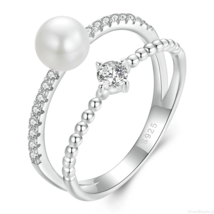 Srebrny pierścionek z Moissanitem 0,1 ct i perłą seashell srebro 925 rozmiar R12