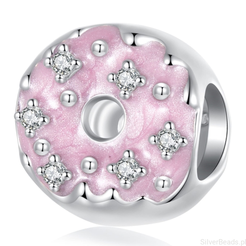 Donut pączek z różowym lukrem srebrny koralik charms srebro 925