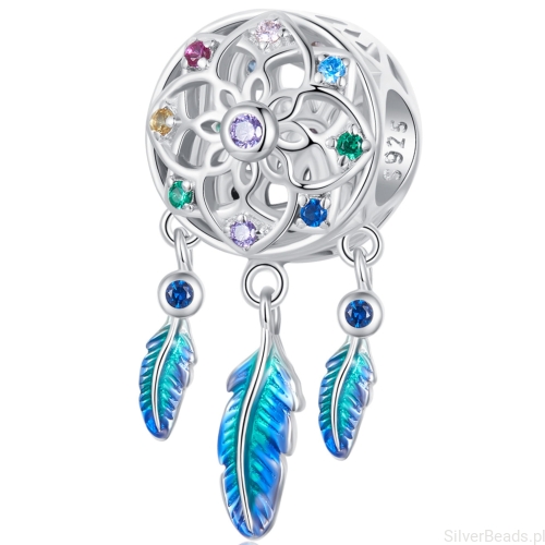 Łapacz snów w kryształki w kolorach tęczy srebrny charms koralik beads