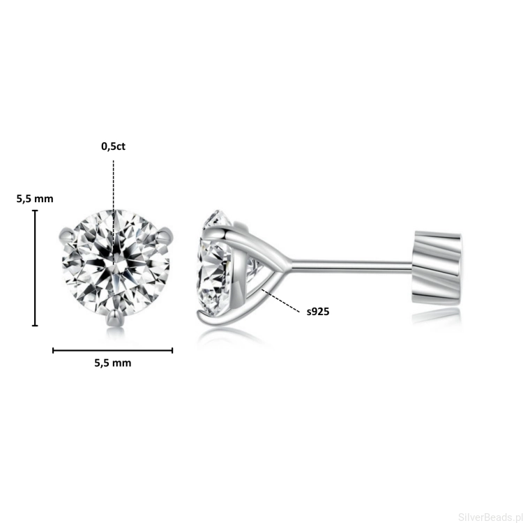 Wielkość i wymiary srebrnych kolczyków z Moissanitem z Moissanitami 5,0x5,0mm