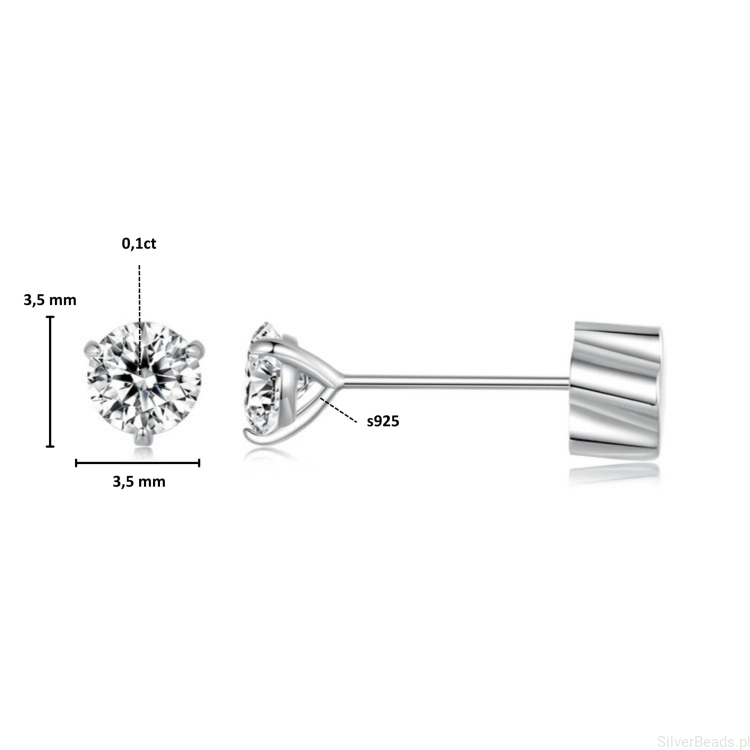 Wielkość i wymiary srebrnych kolczyków z Moissanitem z Moissanitami 5,0x5,0mm