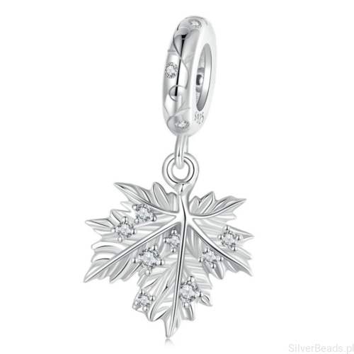 Liść klonu z kryształkami srebrny charms zawieszka srebro 925