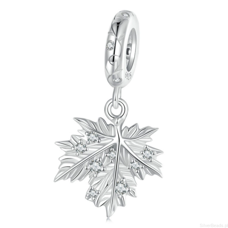 Liść klonu z kryształkami srebrny charms zawieszka srebro 925