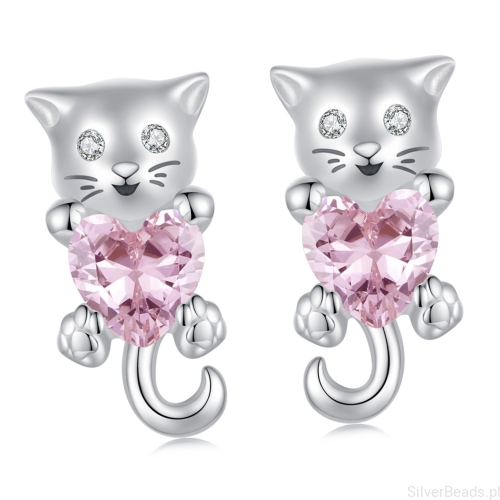 Urocze kotki z różowymi serduszkami sztyfty kolczyki srebro 925
