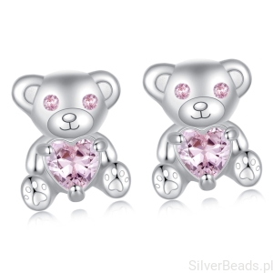Małe misie z różowymi serduszkami sztyfty kolczyki srebro 925