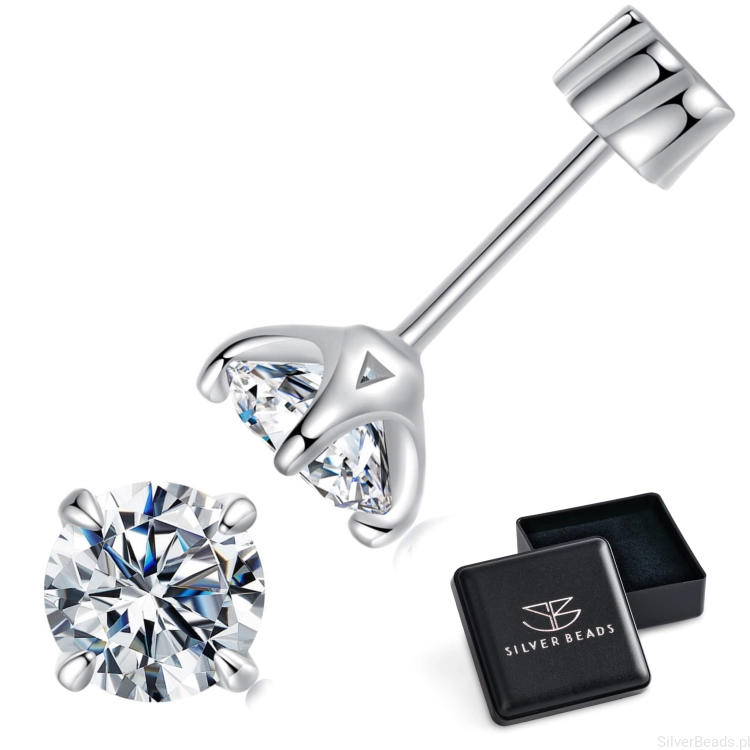 Eleganckie prezentowe pudełeczko gratis do srebrnych kolczyków z Moissanitem sztyfty zakręcane gwiazdką z Moissanitami 0,5 ct