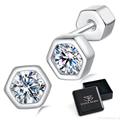 Eleganckie prezentowe pudełeczko gratis do srebrnych kolczyków z Moissanitem Moissanity 0,3 ct w sześciokątnej oprawie