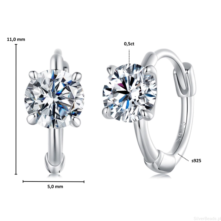 Wielkość i wymiary srebrnych kolczyków z Moissanitem z Moissanitem 0,5 ct