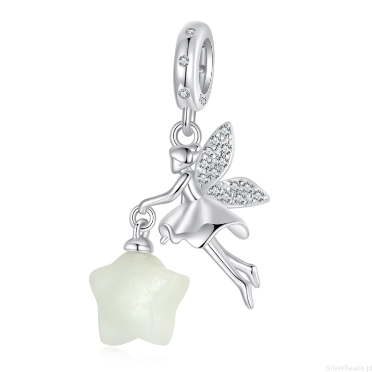Wróżka ze świecącą w ciemności gwiazdą srebrny charms zawieszka beads