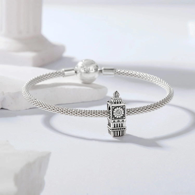 Srebrna modułowa bransoletka typu Pandora i charms Big Ben w Londynie
