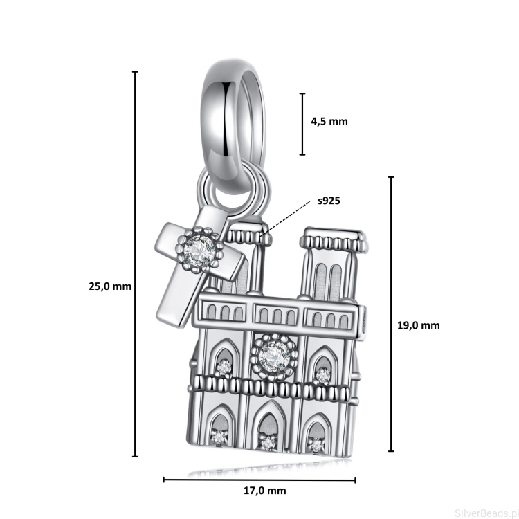 Wielkość zawieszki charms ze srebra próby 925 koralik Katedra Notre Dame w Paryżu