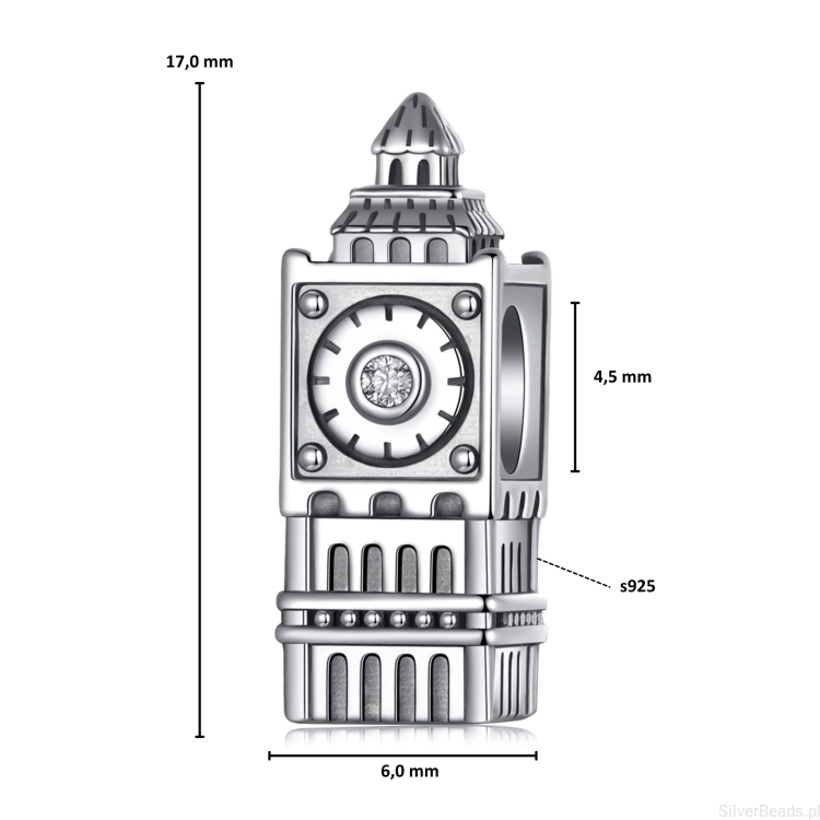 Wymiary koralika charms ze srebra próby 925 beads Big Ben w Londynie