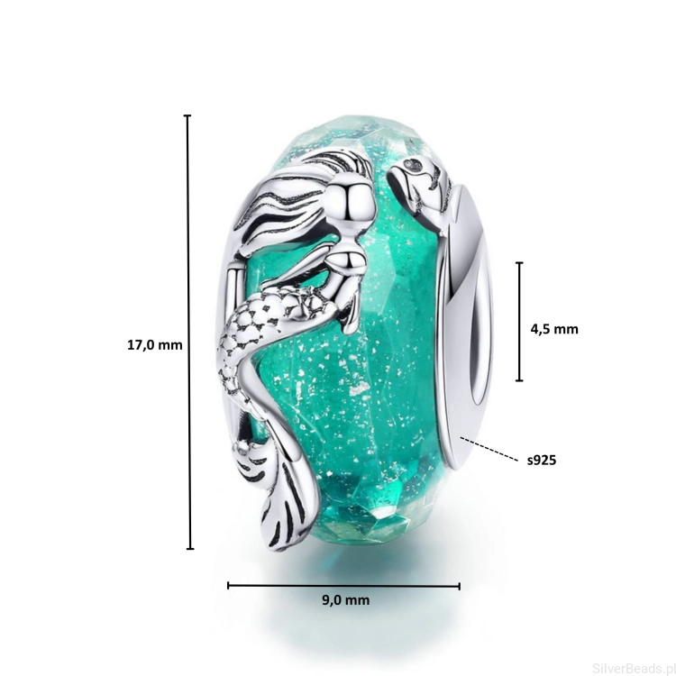 Wymiary koralika charms ze srebra próby 925 beads Zielony szklany charms ze srebrnymi syrenkami