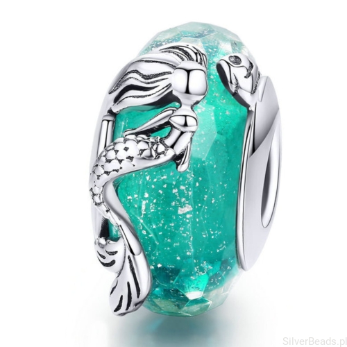Zielony szklany charms ze srebrnymi syrenkami srebro 925 beads
