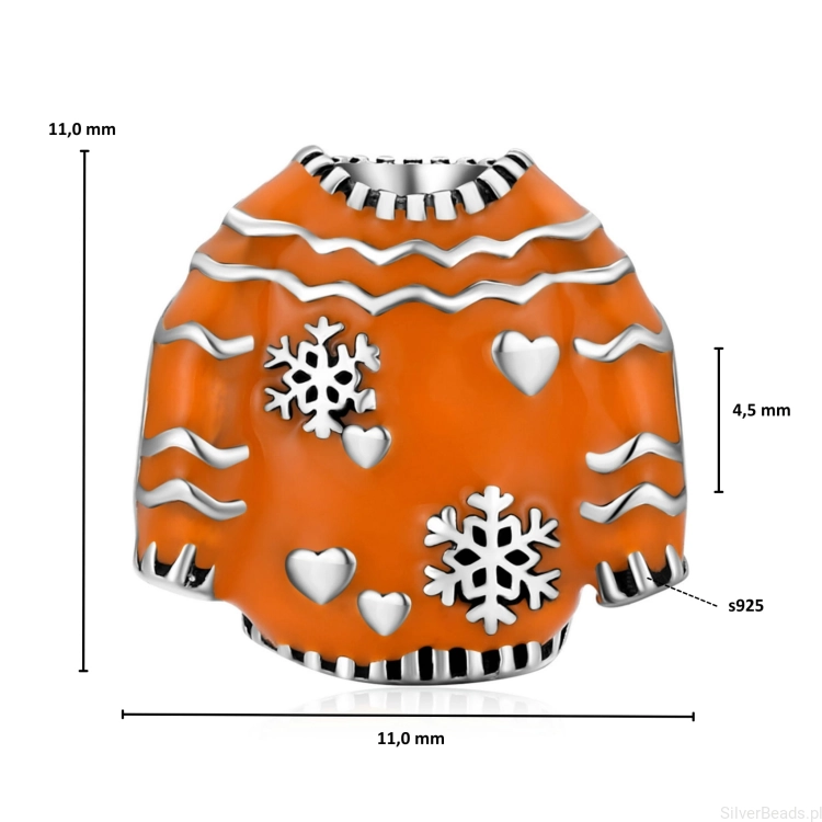 Wymiary koralika charms ze srebra próby 925 beads Świąteczny sweterek w śnieżynki