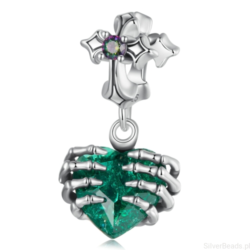 Kryształowe serce z dłońmi kościotrupa srebrny charms zawieszka srebro 925 beads
