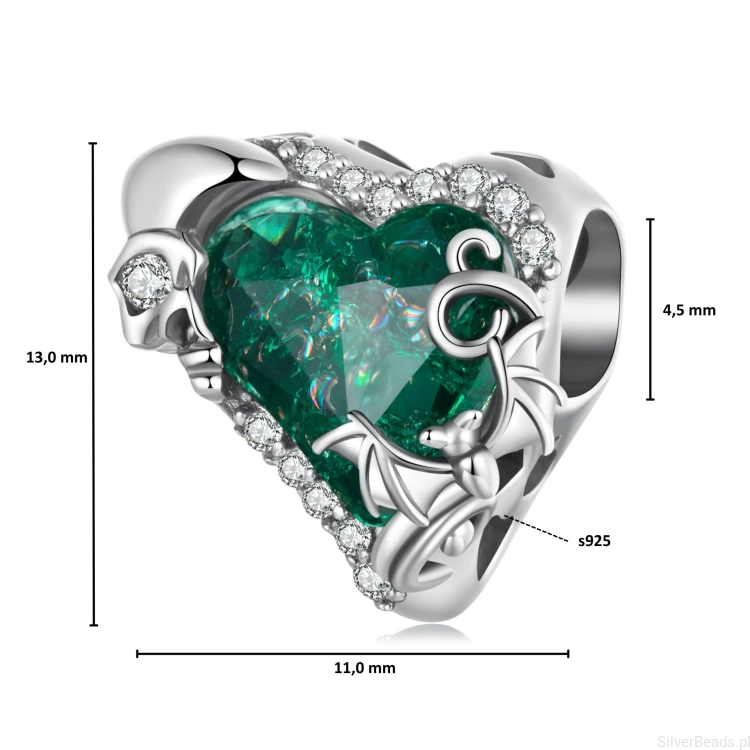 Wymiary koralika charms ze srebra próby 925 beads Zielone serce z nietoperzem