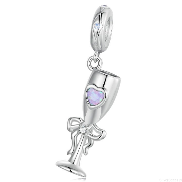 Kieliszek szampana z kokardką srebrny charms zawieszka srebro 925 beads