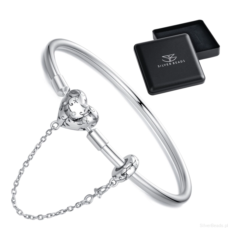 _Eleganckie prezentowe pudełeczko gratis do srebrnej bransoletki. modułowej serce w roślinny ornament z łańcuszkiem zabezpieczającym 17 cm