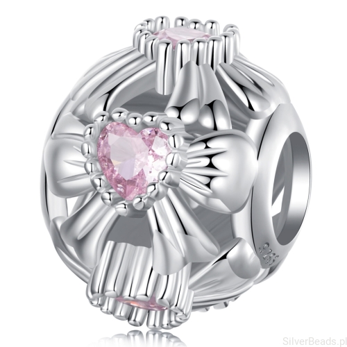 Ażurowy charms z kokardek i kryształowych serc srebrny koralik charms srebro 925 beads