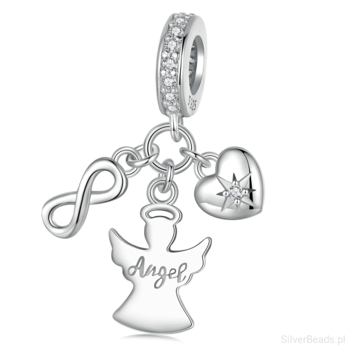 Różowy szklany charms ze srebrnymi kokardkami srebro 925 beads