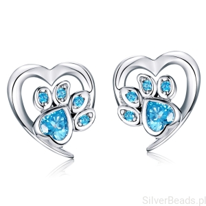 Srebrne kolczyki serca z niebeskimi łapkami sztyfty srebro 925