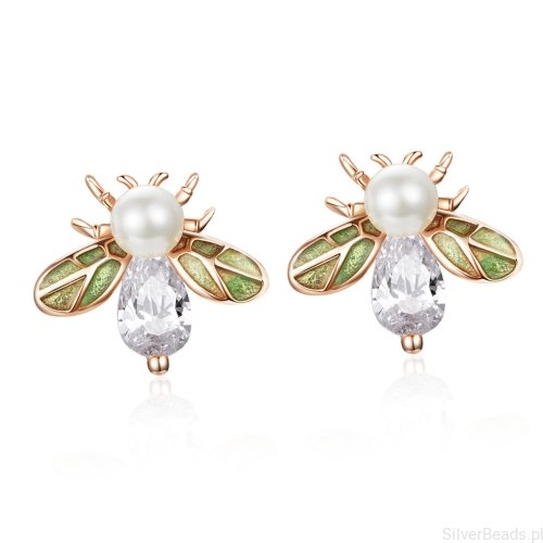 Pozłacane pszczółki z perełkami srebrne kolczyki sztyfty srebro 925