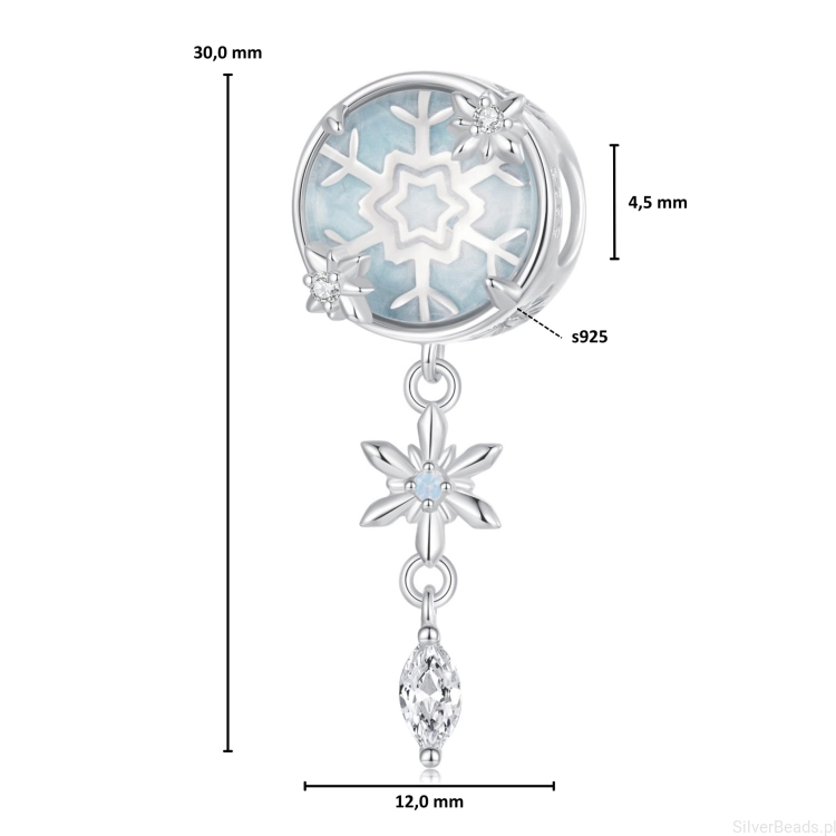 Wymiary koralika charms ze srebra próby 925 beads w płatki śniegu