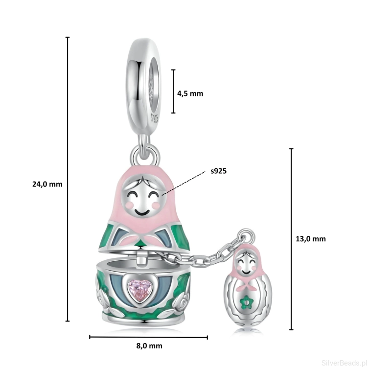 Wielkość zawieszki charms ze srebra próby 925 koralik emaliowana matrioszka