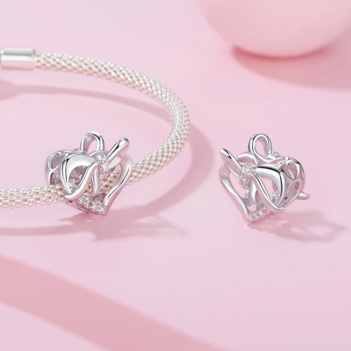 srebrny charms próba 925 serduszko z kokardką