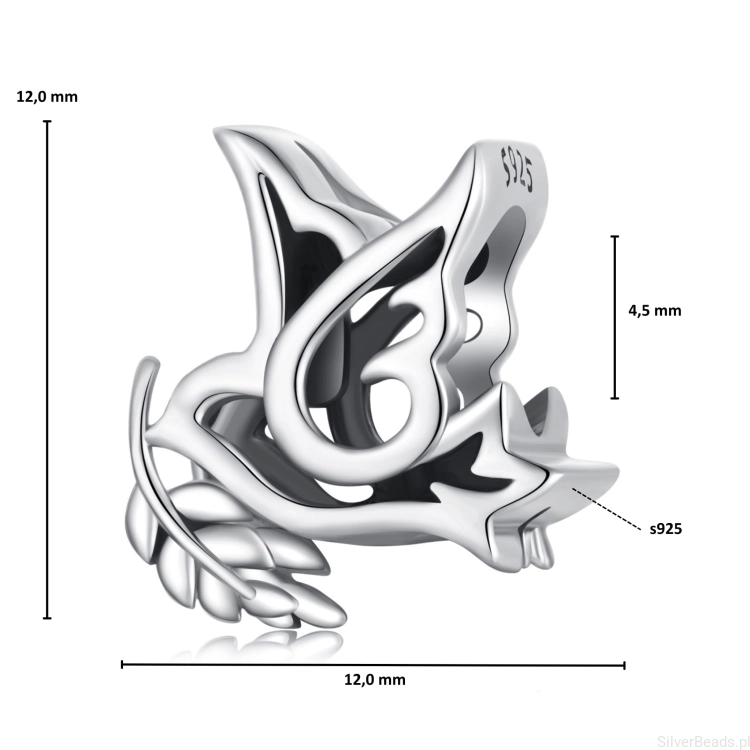 Wymiary koralika charms ze srebra próby 925 beads -Gołąbek z gałązką oliwną