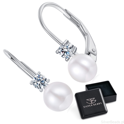 Eleganckie prezentowe pudełeczko gratis do srebrnych kolczyków z Moissanitami 0,1 ct i perłami