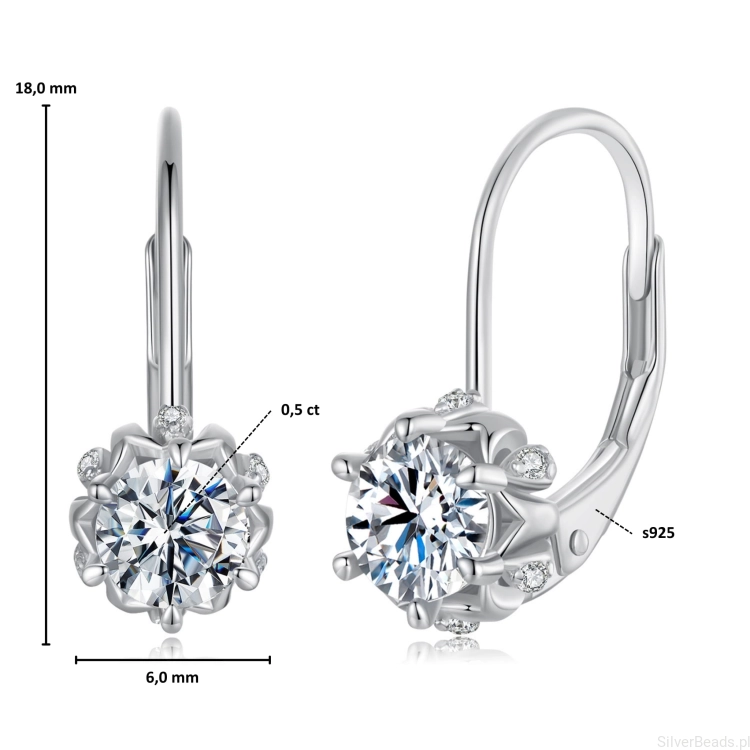 Wielkość i wymiary srebrnych kolczyków kwiaty z Moissanitami 0,5 ct