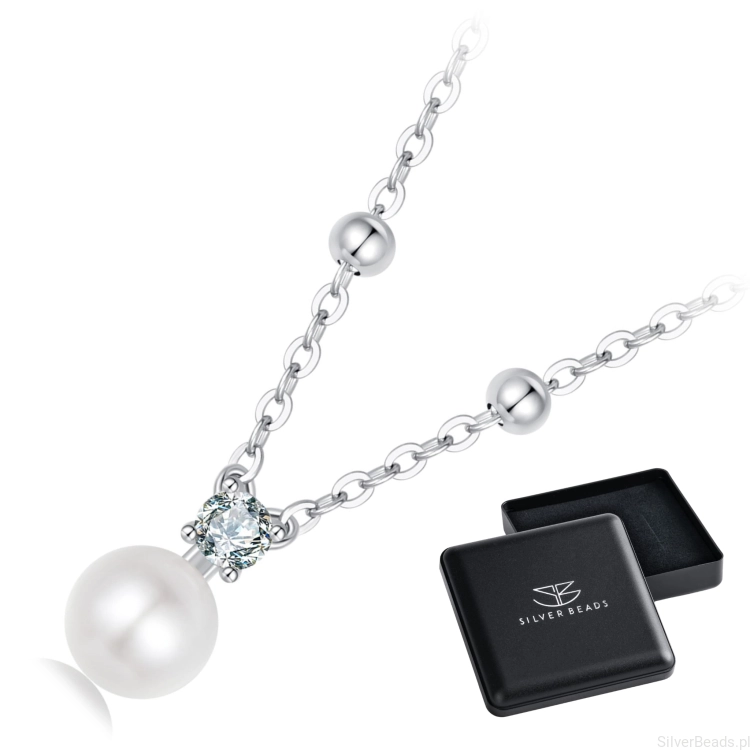 Eleganckie prezentowe pudełeczko gratis do srebrnego naszyjnika  perła i Moissanit 0,1 ct