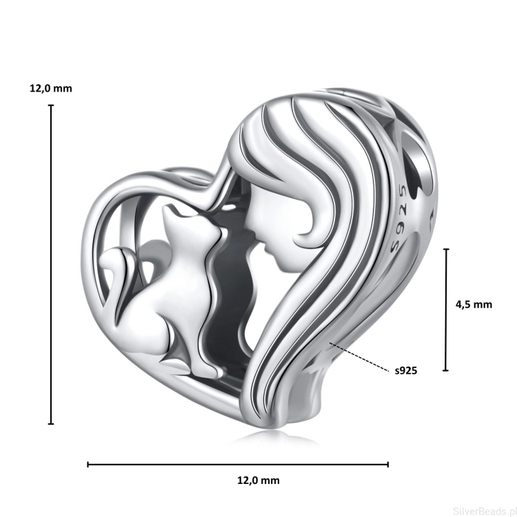 Wymiary koralika charms ze srebra próby 925 beads -dziewczyna z kotem