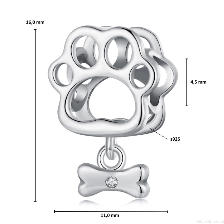Wymiary koralika charms ze srebra próby 925 beads łapka pieska z kostką