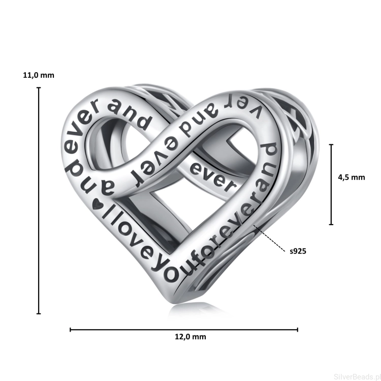 Wymiary koralika charms ze srebra próby 925 beads serce z grawerem
