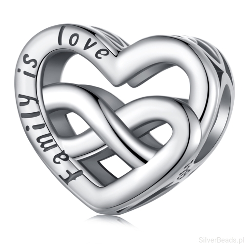 Srebrny charms serce z grawerem ,,Family is love" koralik srebro 925 beads
