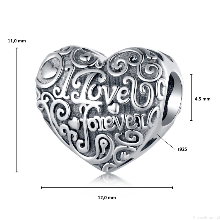 Wymiary koralika charms ze srebra próby 925 beads serce z napisem ,,I love u forever"