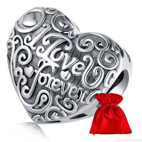 Elegancki satynowy woreczek gratis do każdego zamówienia koralików charms  serce z napisem ,,I love u forever"