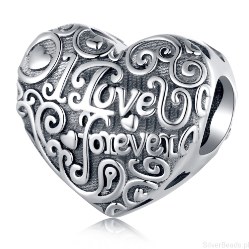 Srebrny charms serce z napisem ,,I love u forever" koralik srebro 925 beads