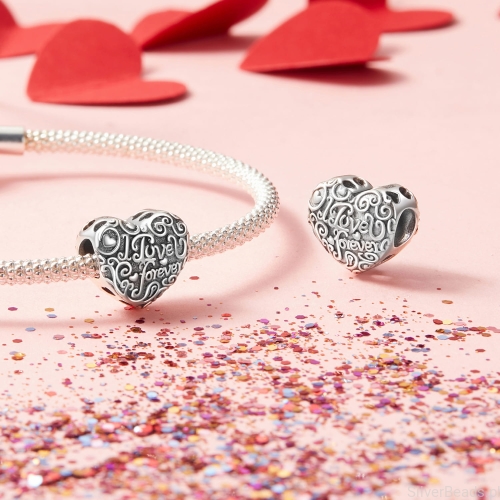 srebrny charms próba 925 serce z napisem ,,I love u forever" dla dziewczyny na prezent