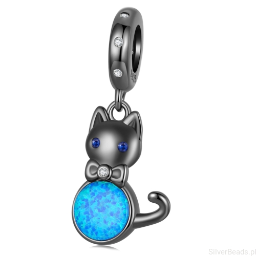 Srebrna zawieszka czarny kotek z opalizującym kryształem srebro 925 beads koraliki