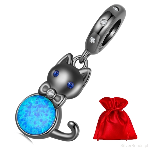 Elegancki satynowy woreczek gratis do każdego zamówienia koralików charms  czarny kotek z opalizującym kryształem