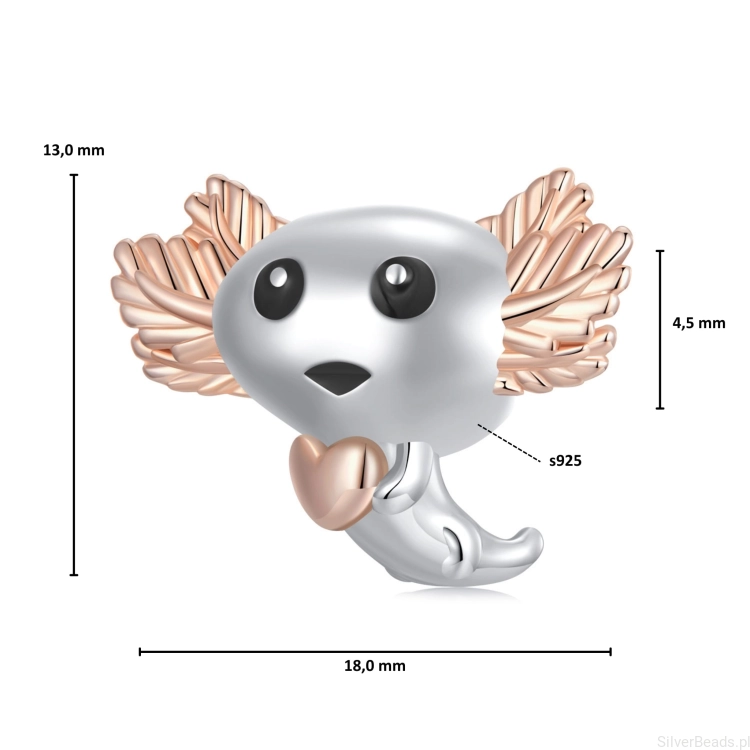 Wymiary koralika charms ze srebra próby 925 beads pozłacany axolotl z serduszkiem