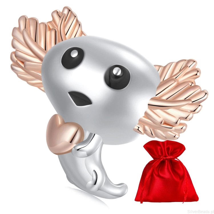 Elegancki satynowy woreczek gratis do każdego zamówienia koralików charms  pozłacany axolotl z serduszkiem