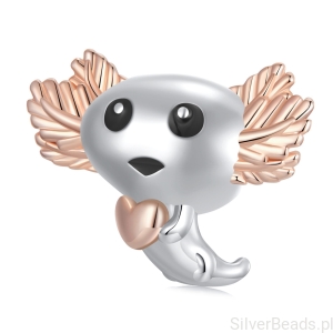 Srebrny charms pozłacany Axolotl z serduszkiem koralik srebro 925 beads